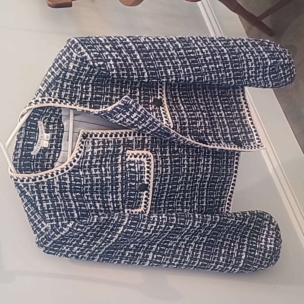 Veronica Beard Womens Size 12 Brim Tweed Balloon Sleeve Jacket Blue White